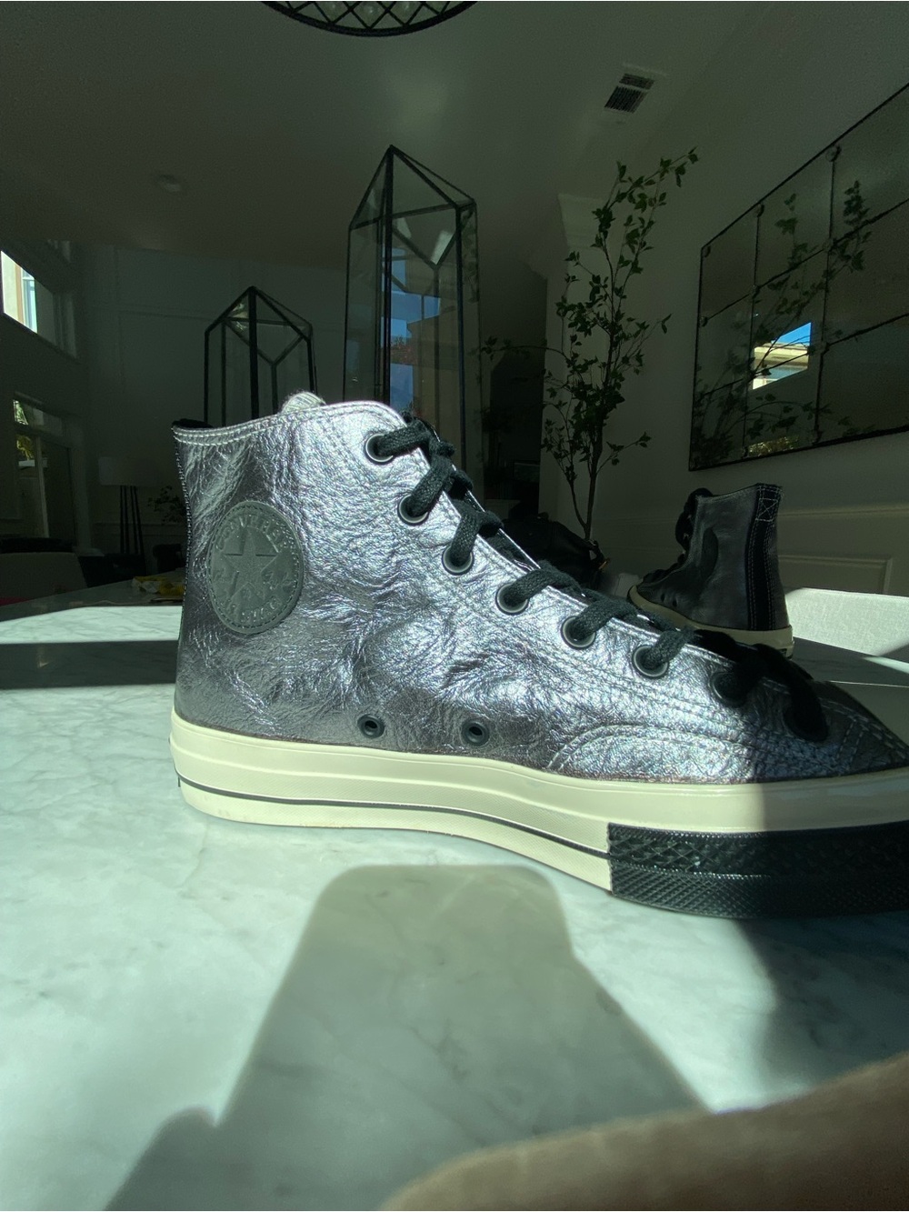 Converse Men’s Leather Silver Metallic High Top Sneakers with Black Accents - Picture 4 of 10